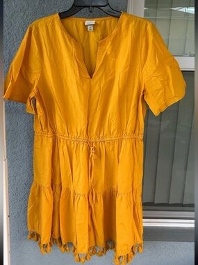 A New Day Mustard Yellow Tassel Hem Dress Womens XL Boho Peasant Mini V-neck